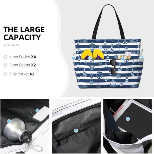 Vista 5 de Bolsa de playa para mujer, bolsa de playa impermeable y a prueba de arena con bolsa húmeda, bolsa de viaje grande para viajes de fin de semana