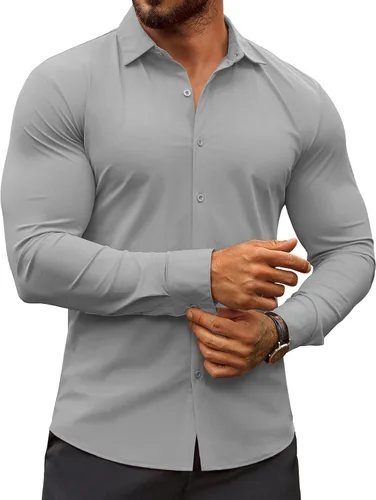 Vista 15 de COOFANDY Camisas de vestir ajustadas para hombre, sin arrugas, manga larga, casuales, con botones