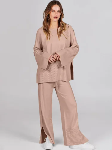 Vista 2 de ANRABESS Conjunto de 2 piezas para mujer, sudadera de punto de gran tamaño y pantalones de pierna ancha con cordón