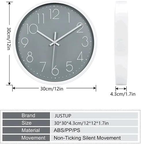 Vista 3 de JUSTUP Reloj de pared silencioso de 12 pulgadas, funciona con pilas, con marco de ABS, cubierta de vidrio HD para niños, sala de estar, dormitorio