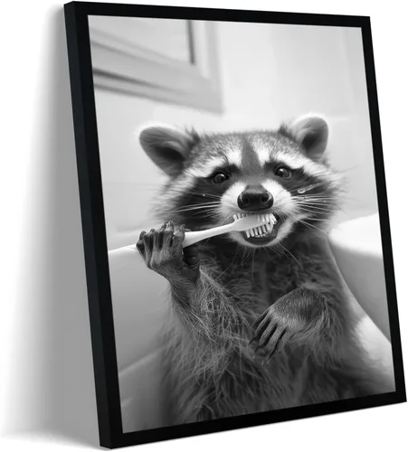 Vista 18 de Arte de pared de lienzo enmarcado para baño con oso negro tierno, decoración divertida para baño con animales, adorable oso con papel higiénico