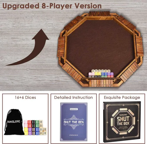 Vista 3 de Vamslove Juego de dados Shut The Box para 2 a 8 jugadores, mesa de madera mejorada con 16 + 6 dados, juego educativo para adultos, instrucciones