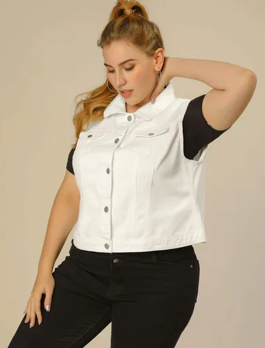Vista 4 de uxcell Chaleco de mezclilla con botones de talla grande para mujer con dos bolsillos con solapa en el pecho 2023