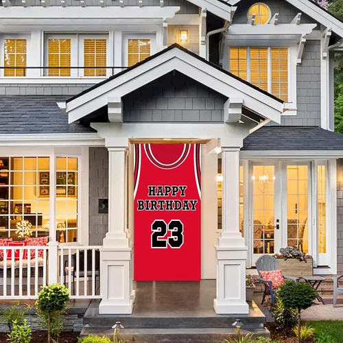 Vista 4 de Fondo de pancarta de feliz cumpleaños 23, fondo rojo de baloncesto estrella jugador de deportes decoración para hombre niño primer cumpleaños fiesta