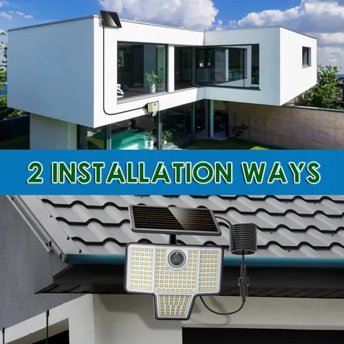 Vista 6 de AmeriTop Luces solares para exteriores, paquete de 2, sensor de movimiento solar inalámbrico, 128 luces LED para exteriores; 3 cabezales ajustables