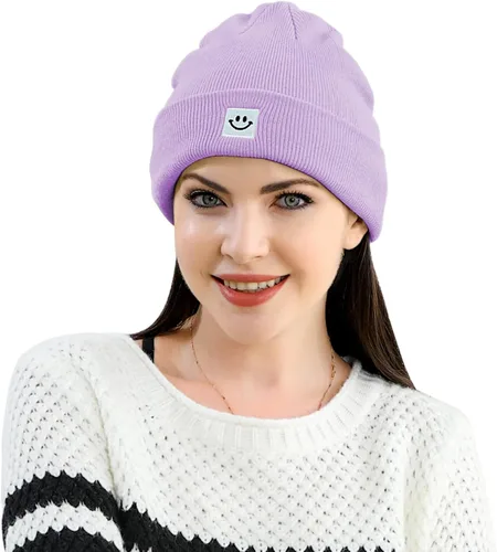 Vista 3 de MaxNova Gorro para mujer y hombre, diseño de cara sonriente, gorro de invierno, 2 paquetes