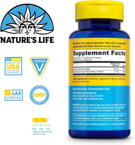 Vista 2 de Nature's Life Picolinato de zinc 30 mg más 2 mg de cobre - Suplemento de zinc quelado para apoyo inmunológico, cardiovascular, de piel, función