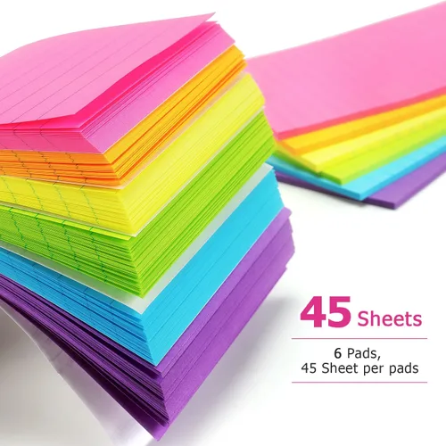 Vista 4 de Early Buy - Blocs de notas adhesivas con líneas 4x6, notas autoadhesivas de 6 colores brillantes, 6 blocs, 45 hojas/bloc