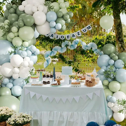 Vista 7 de Kit de arco de globos verde salvia azul pastel, 124 piezas de globos macarón amarillo blanco verde para decoraciones de cumpleaños de ganso, género