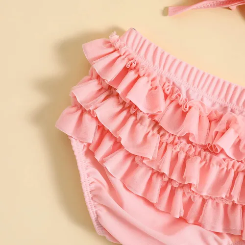 Vista 9 de Yccutest Traje de baño de flores para bebé, 3 piezas, parte superior triangular, parte inferior con volantes, sombrero para el sol, conjunto