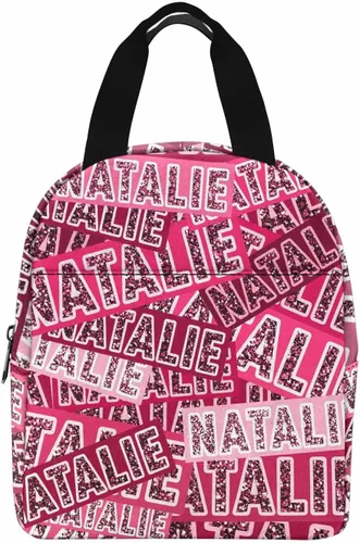 Vista 40 de InterestPrint Bolsa de almuerzo con nombre personalizado para hombres y mujeres, color rosa, blanco y negro, con lunares personalizados, enfriador