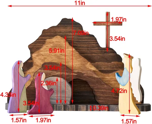 Vista 6 de IoF Adorno de escena de resurrección de Pascua, decoración de Pascua religiosa de madera, figuras de tumba vacía cristiana de madera, juego