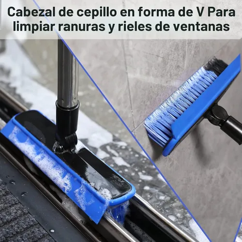 Vista 5 de Cepillo de lechada 2 en 1 con mango largo de 57.8 pulgadas, limpiador de lechada giratorio de 120°, cepillo de esquina en forma de V para áreas Azul