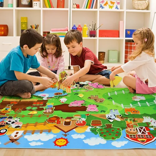 Vista 6 de Juego de tablero de fieltro con temática de granja de animales de Dr.Rapeti 41 piezas para preescolar, tablero ocupado con tema de granja, juego