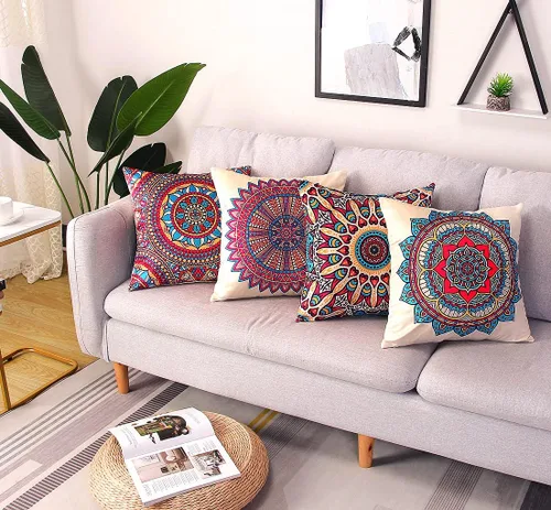 Vista 2 de Juego de 4 fundas de almohada bohemias con mandala floral retro, 18 x 18 pulgadas, fundas de almohada cuadradas de terciopelo suave, fundas