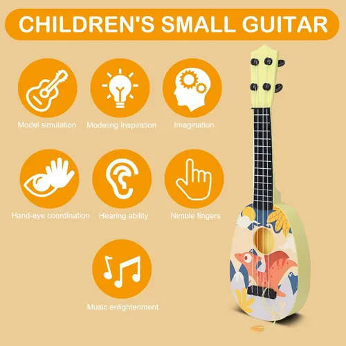 Vista 4 de YOLOPLUS+ Ukelele de juguete para niños, juguete musical de guitarra para niños, 4 cuerdas de acero de 17 pulgadas, con púa, juego educativo
