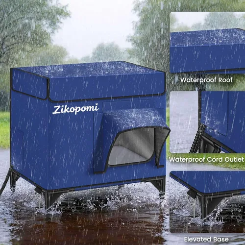 Vista 8 de Zikopomi Casa climatizada para gatos para exteriores con base elevada, casa para gatos al aire libre con 2 puertas de escape seguras, diseño