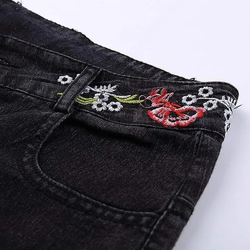 Vista 7 de Jeans acampanados con bordado floral para mujer, jeans elásticos acampanados, talla grande, pantalones de mezclilla de pierna ancha Y2k