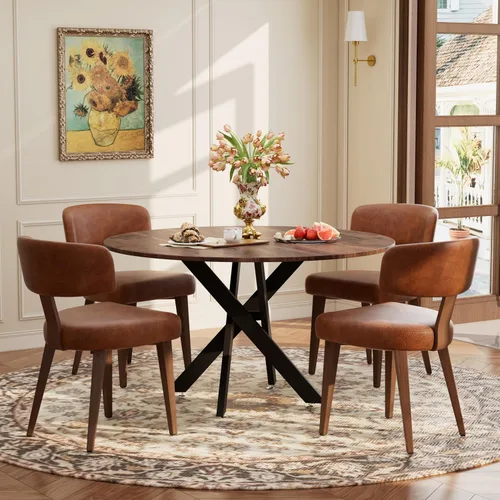 Vista 18 de Juego de mesa de comedor de madera para 2, mesa de cocina redonda de 36 pulgadas con 2 sillas de comedor Boucle, mesa de MDF con patas de metal