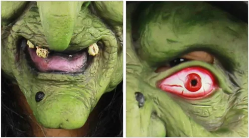 Vista 6 de XGOPTS Máscara de bruja vieja verde aterradora de Halloween con sombrero
