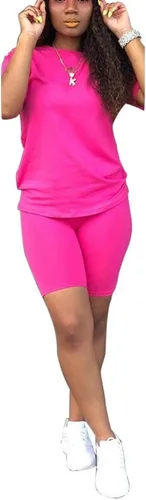 Vista 6 de KINIKO Conjunto deportivo de 2 piezas para mujer, casual, de moda, color sólido, camiseta de manga corta y pantalones Negro-a