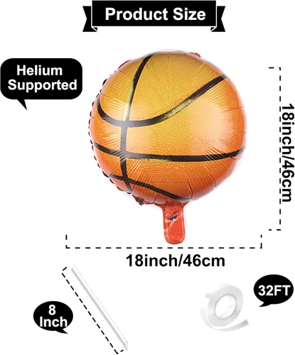 Vista 2 de 12 globos de baloncesto grandes de 18 pulgadas, globos redondos de aluminio con forma de baloncesto para deportes temáticos de baloncesto, partidos