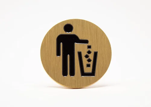 Vista 12 de Logotipo de basura, emblema, medallón, cocina, oficina, parte delantera del gabinete, 1.5 pulgadas, acero inoxidable, latón, negro mate, cantidad 1