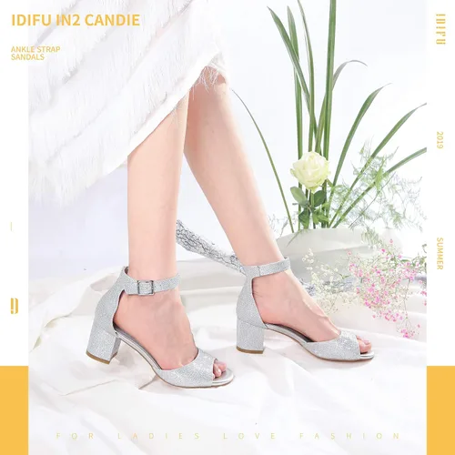 Vista 2 de IDIFU Sandalias de tacón bajo Candie para mujer, puntera abierta, correa gruesa al tobillo, zapatos de vestir de boda, 5
