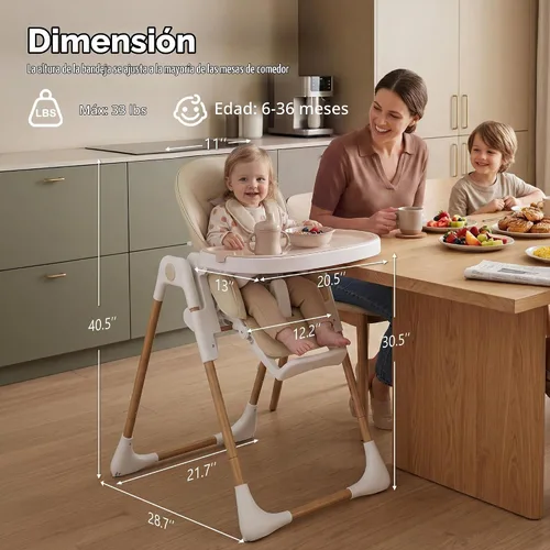 Vista 7 de Kinder King Silla alta plegable para bebés y niños pequeños, asiento Beige