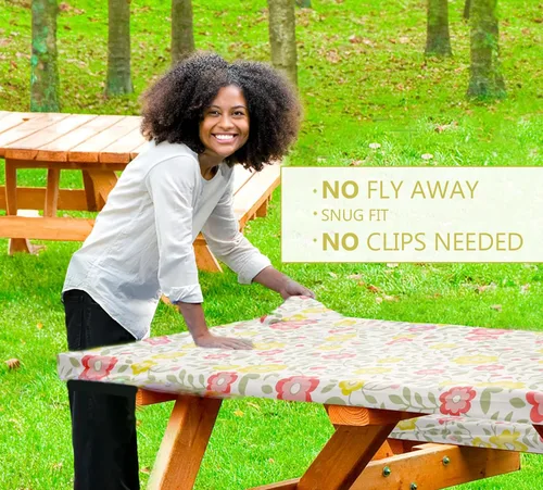 Vista 2 de LINPRO Funda de mesa de picnic de 6 pies con fundas de banco, cubiertas de vinilo ajustables para mesa de picnic con artículos esenciales de Floral