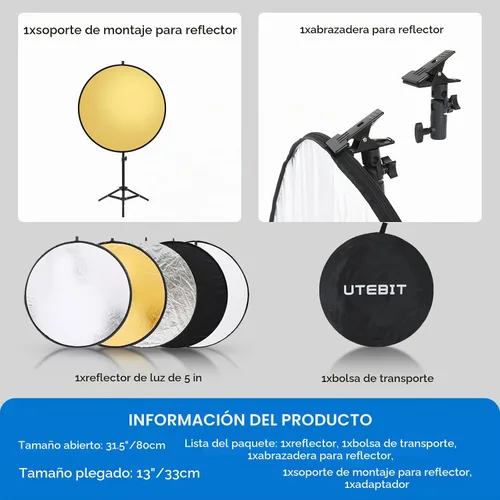 Vista 4 de UTEBIT Kit de Soporte para Reflector de Luz de 80 cm (31 Pulgadas) Difusor 5 en 1, Discos Múltiples Plegables con Bolsa, Soporte de Luz de 48
