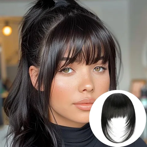 Vista 17 de VAVANGA Flequillo francés con clip - Flequillo natural largo y ondulado en negro jet con templos - Pinza de cabello ordenada para mujer (#1)
