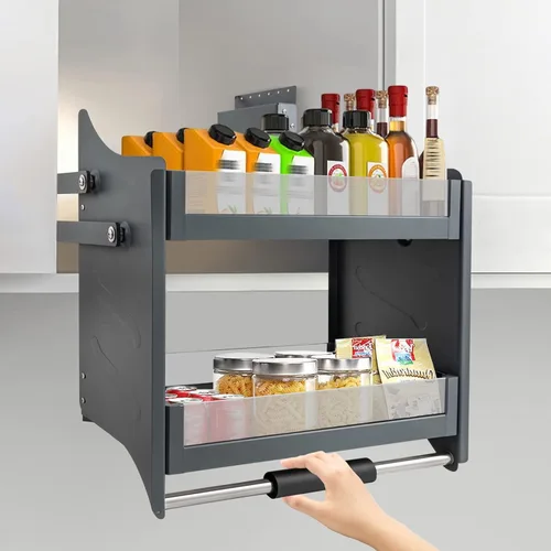 Vista 2 de Estante desplegable para gabinete, organizador superior de almacenamiento de armario de pared de cocina con 2 niveles, organizador de estante