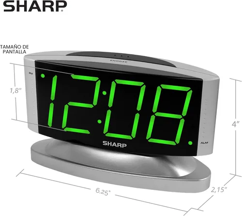 Vista 4 de Sharp Reloj despertador digital con base giratoria, LED verde, atenuador Led verde - caja plateada
