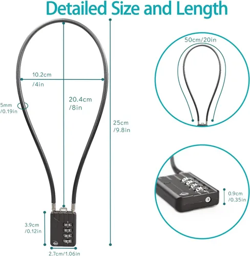 Vista 2 de Cerradura de combinación de cable de 4 dígitos de 19.6 pulgadas, cable audaz para casillero de gimnasio escolar, casco, archivadores, caja