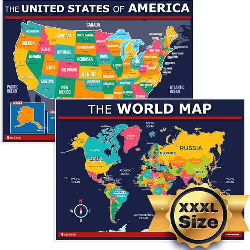 Vista 6 de Mapa de EE. UU. para niños (24x30) Póster 50 estados y capitales laminados extragrande Young N Refined Plástico