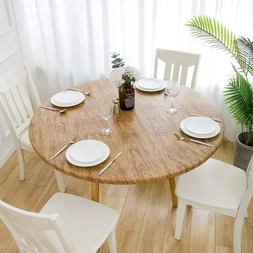 Vista 8 de Mantel redondo de vinilo de plástico ajustable con parte trasera de franela y borde elástico, protector de mesa impermeable para mesa de comedor