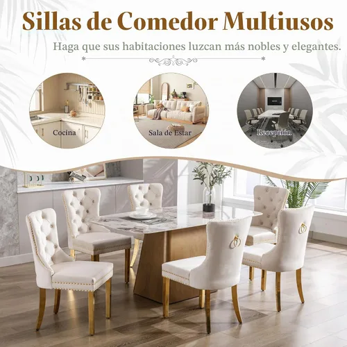Vista 8 de Juego de 2 sillas de comedor de terciopelo beige, elegantes capitoné