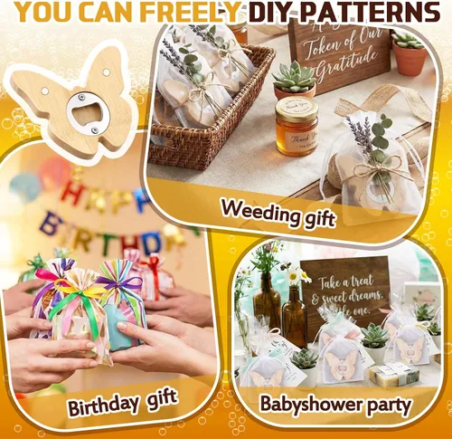 Vista 6 de Vesici 24 piezas de abrebotellas magnético de 6.35 cm DIY en forma de mariposa de bambú, abrebotellas de madera, imán de nevera, adhesivo