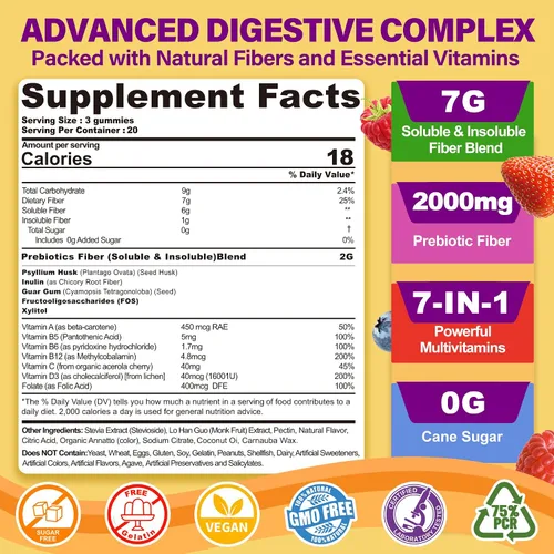 Vista 2 de 1 Paquete de Gomitas de Fibra para Adultos con Cáscara de Psyllium, 7G (Fibra Prebiótica Soluble + Insoluble) Diaria con Inulina, FOS, Goma de Guar