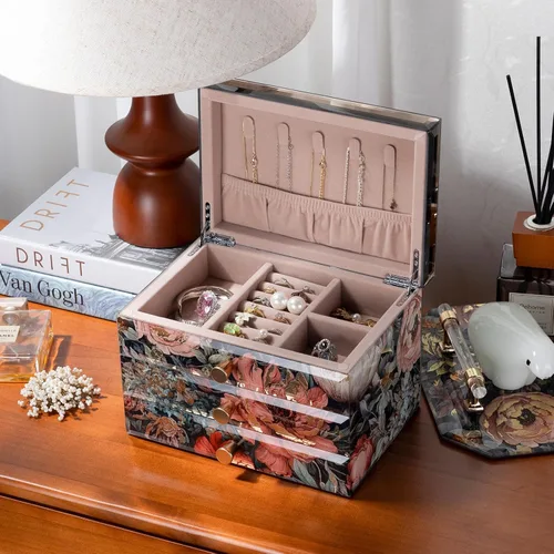 Vista 8 de Joyero de cristal con patrón floral, organizador de joyas de 3 niveles para mujeres y niñas, cajas decorativas de regalo de joyería, organizador