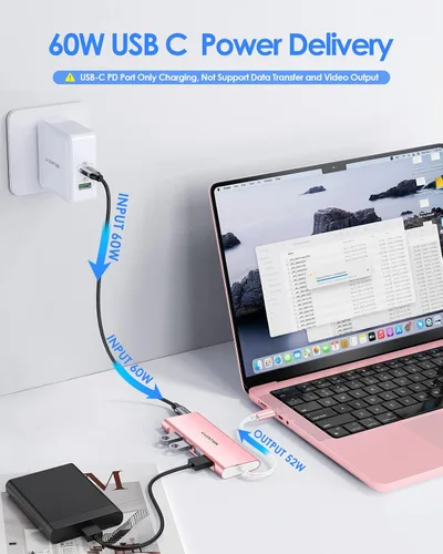 Vista 6 de LENTION 5-in-1 USB-C Hub, 4 USB3.0, 60W Charging, Multiport Adapter Ideal for Work & Study, Stable Driver 3.0 Certified, Compatible with macOS