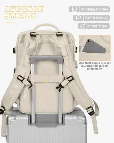 Vista 7 de Mochila de viaje para mujer, aprobada por aerolíneas, bolsas de mano para artículos personales, beige (A-Beige), Mochila de viaje para laptop