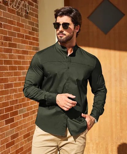 Vista 3 de COOFANDY Camisas de vestir para hombre, con cuello de banda, manga larga, casuales, con botones