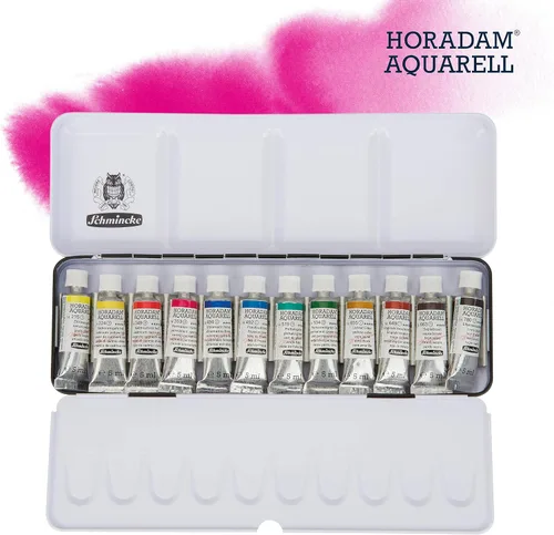 Vista 3 de Schmincke - Caja de color HORADAM® AQUARELL, surtido básico, tubos de 12 x 0.2 fl oz, 74112097, caja de metal, juego de pintura, mejores acuarelas