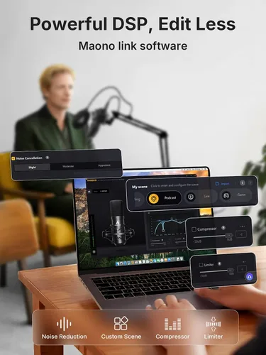 Vista 5 de MAONO Micrófono de condensador XLR/USB: 192kHz/24Bit Plug & Play PC Podcast Kit de micrófono de metal cardioide con software, chipset de sonido
