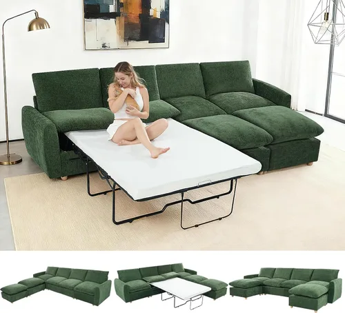 Vista 12 de Sofá extraíble en forma de L con cama cama y otomana de almacenamiento, sofá modular de felpilla para sala de estar, sofá modular en forma de L