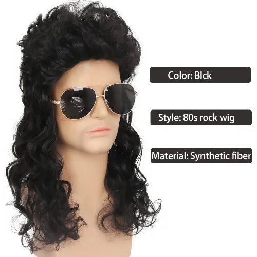 Vista 2 de Kaneles Pelucas largas y rizadas de color negro para hombres y hombres de los años 70 y 80, peluca sintética para disfraz punk rockero con gorra