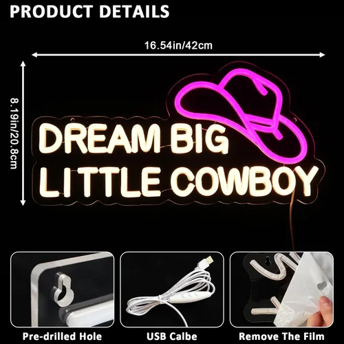 Vista 2 de Dream Big Little Cowboy - Letrero de neón para decoración de pared, letrero LED de sombrero de vaquero para habitación, luces de neón occidentales