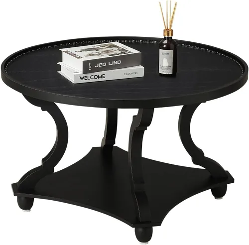 Vista 8 de Wnutrees - Mesa de centro redonda de estilo granja, mesa de café con bandeja de madera y estante de almacenamiento de estilo rústico con acabado